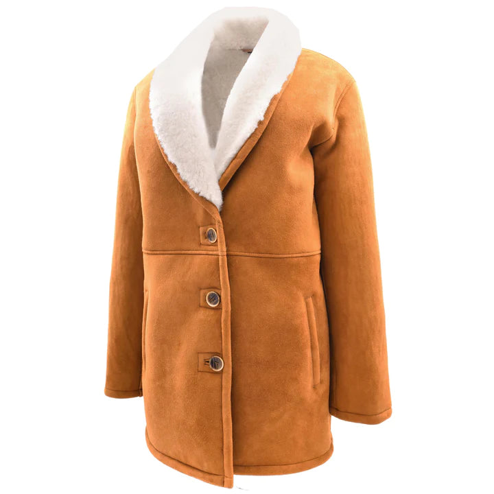 DR595 Womens Real Sheepskin Coat Mid Length White Fur Colure Tan 5