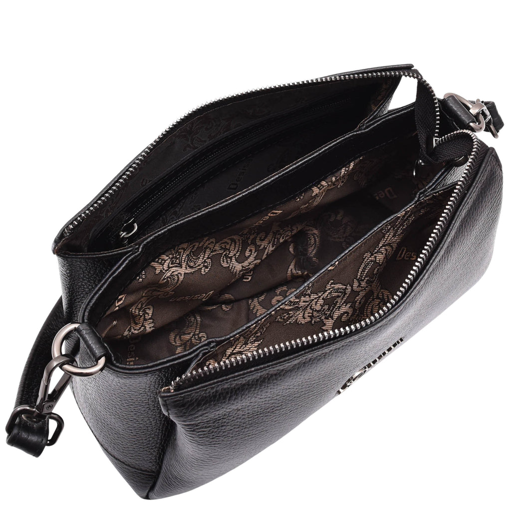 DR597 Women's Genuine Leather Small Zip Handbag Shoulder Bag Black 5