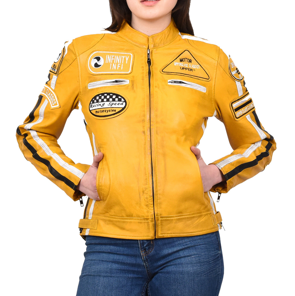 Women's Genuine Leather Biker Racing Badges Jacket Café Racer Yellow Rayne 5