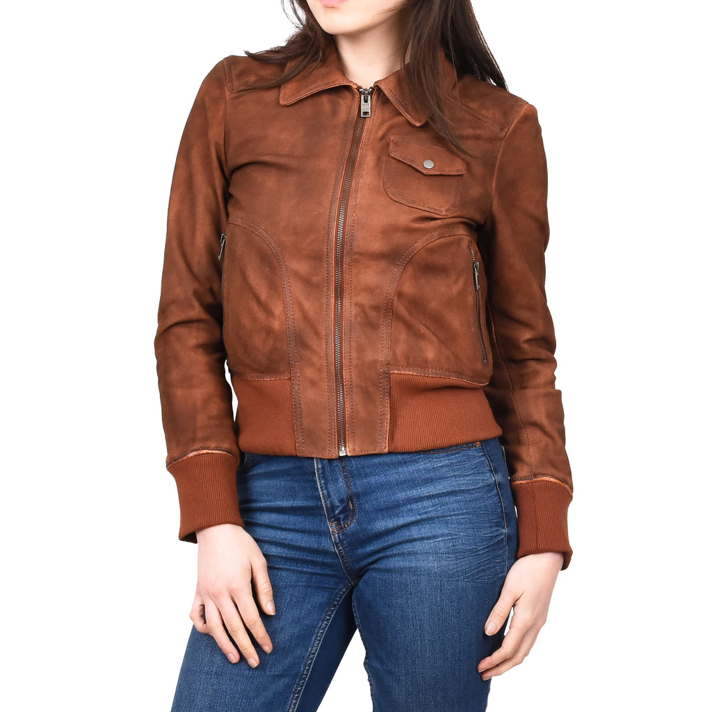 Women's Real Leather Bomber Jacket Slim Fit MA-1 Varsity Chloe Tan 5