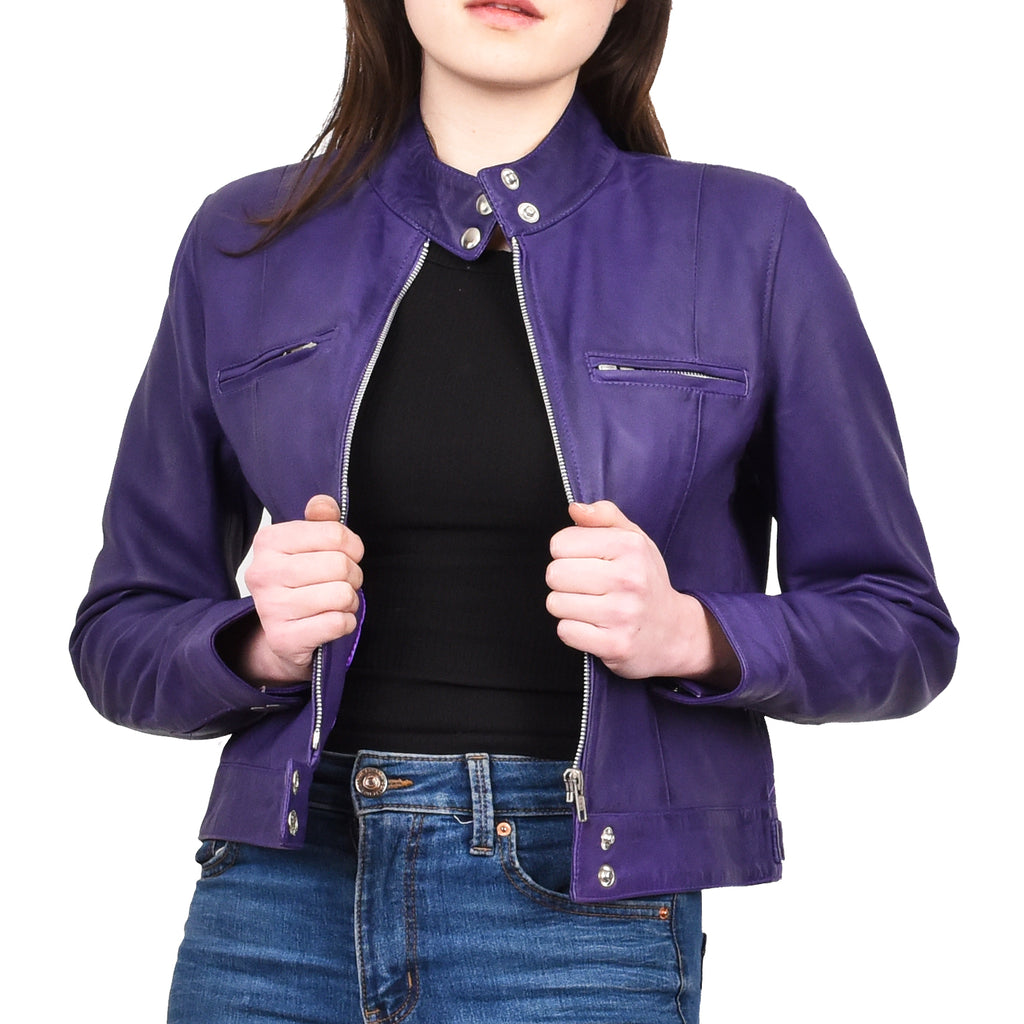 Women's Real Leather Biker Jacket Band Collar Short Slim Fit Trine Purple 5