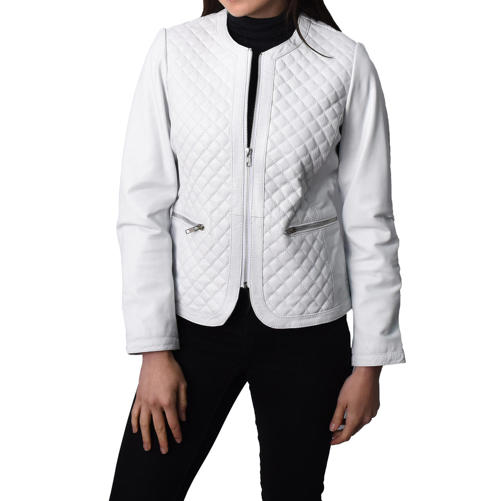 Women's Real Leather Smart Quilted Biker Style Jacket White Quiltara 5