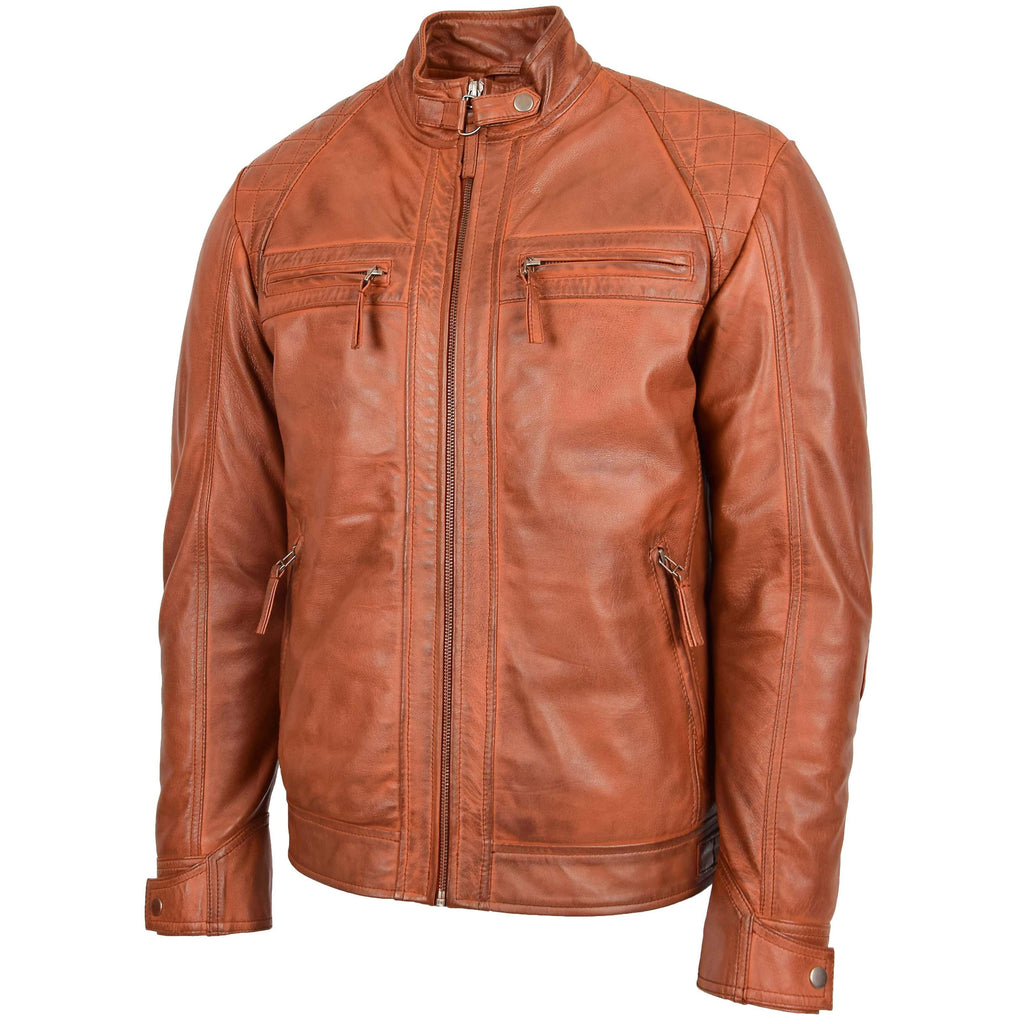 DR117 Men's Biker Leather Jacket Cognac 3