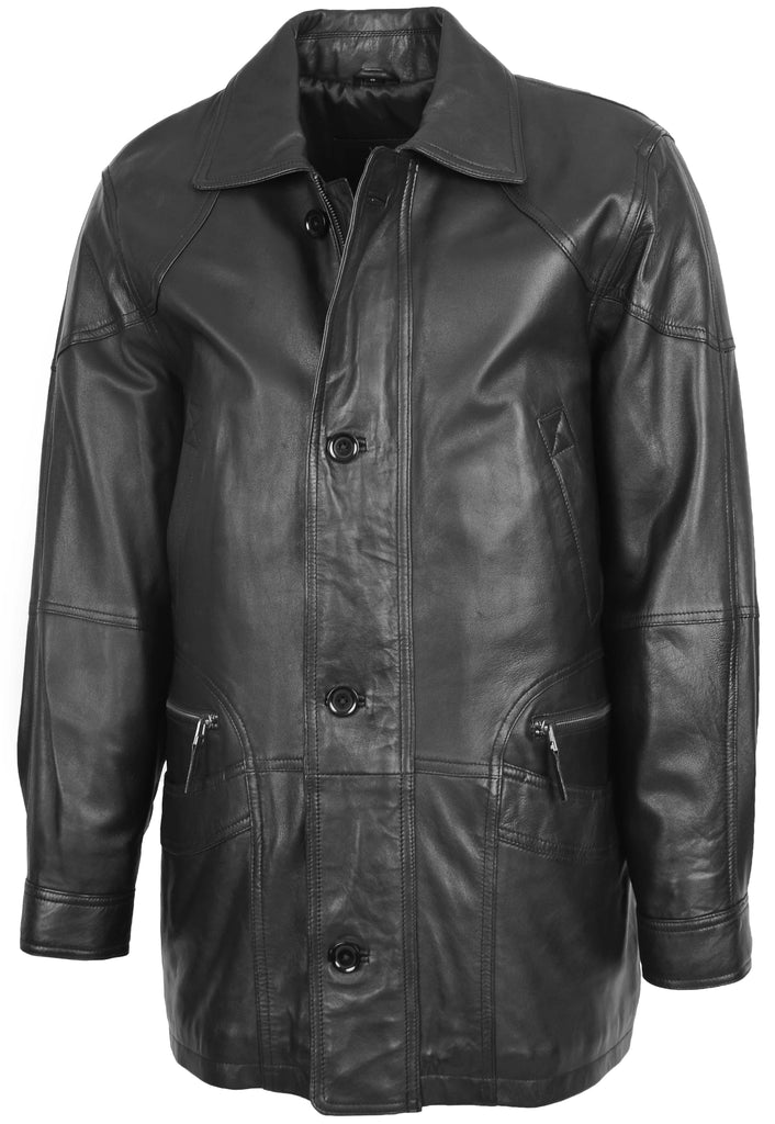 DR113 Men’s Leather Parka Overcoat Black 3