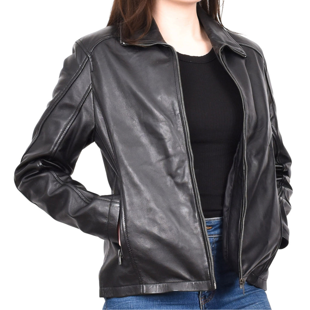 Women's Classic Box Zip Up Biker Genuine Leather Jacket Raven Black