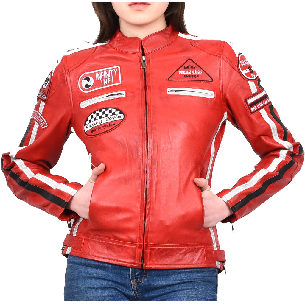 Women's Genuine Leather Biker Racing Badges Jacket Café Racer Red Rayne 5