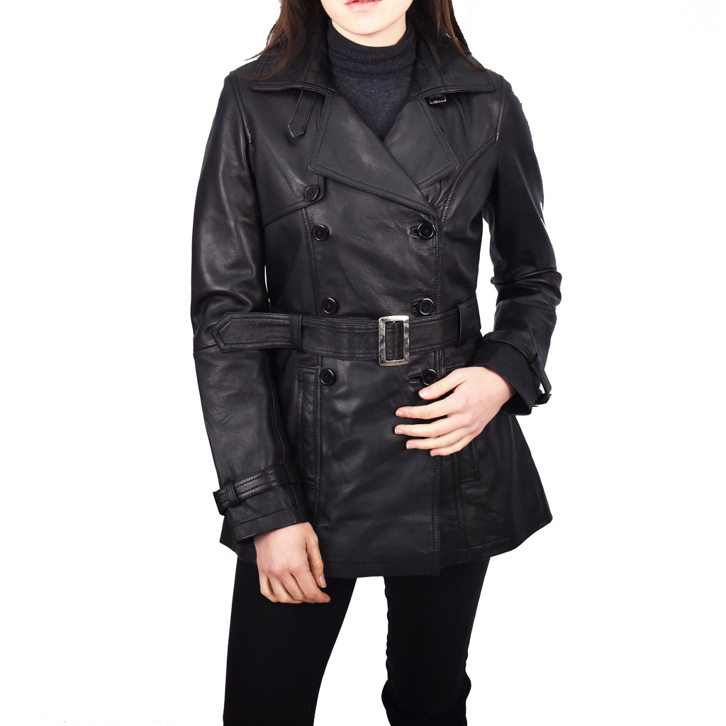 Women's Real Leather Buttoned Coat With Belt Black GlamTrench 4