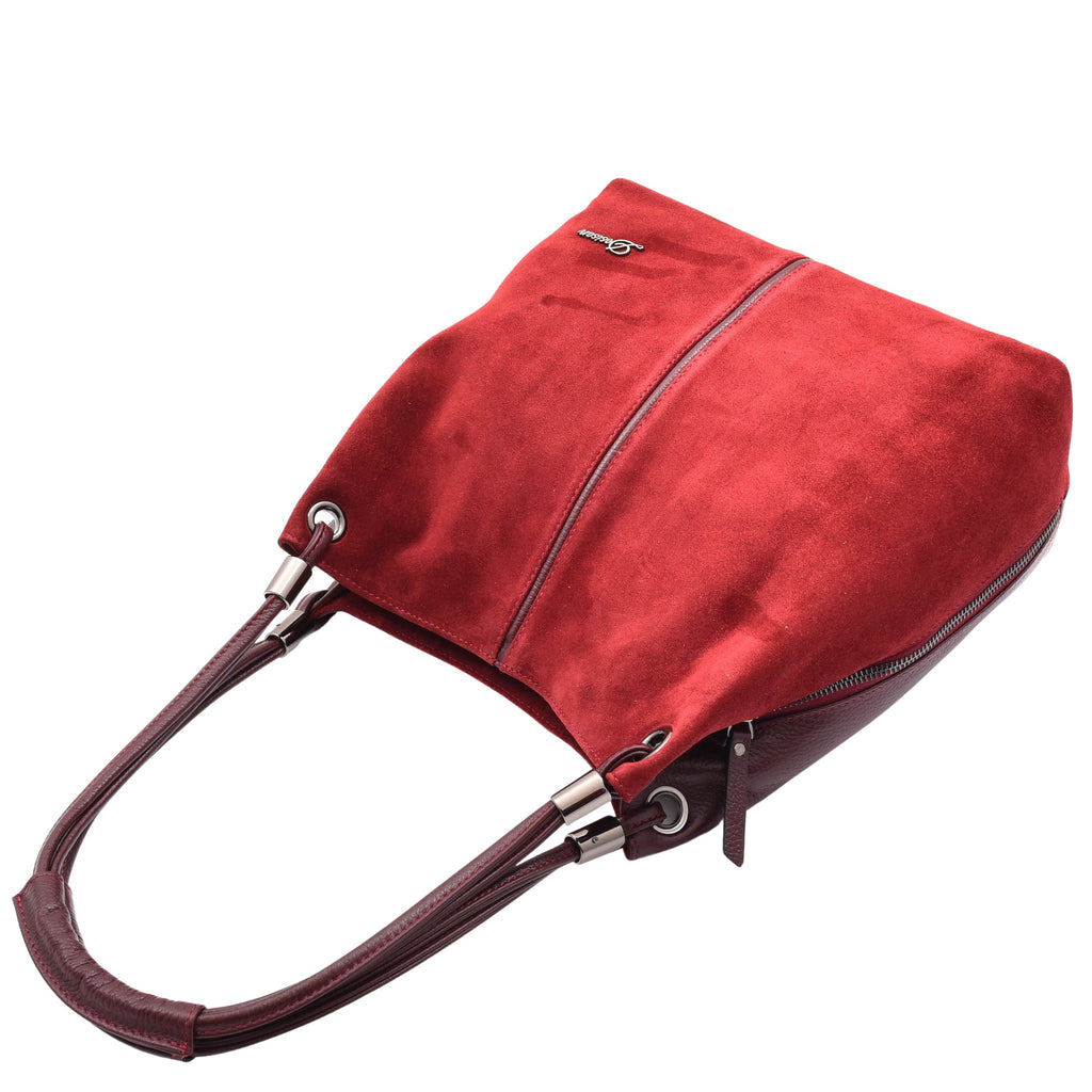 DR593 Women's Suede Leather Large Shoulder Bag Zip Hobo Burgundy 5