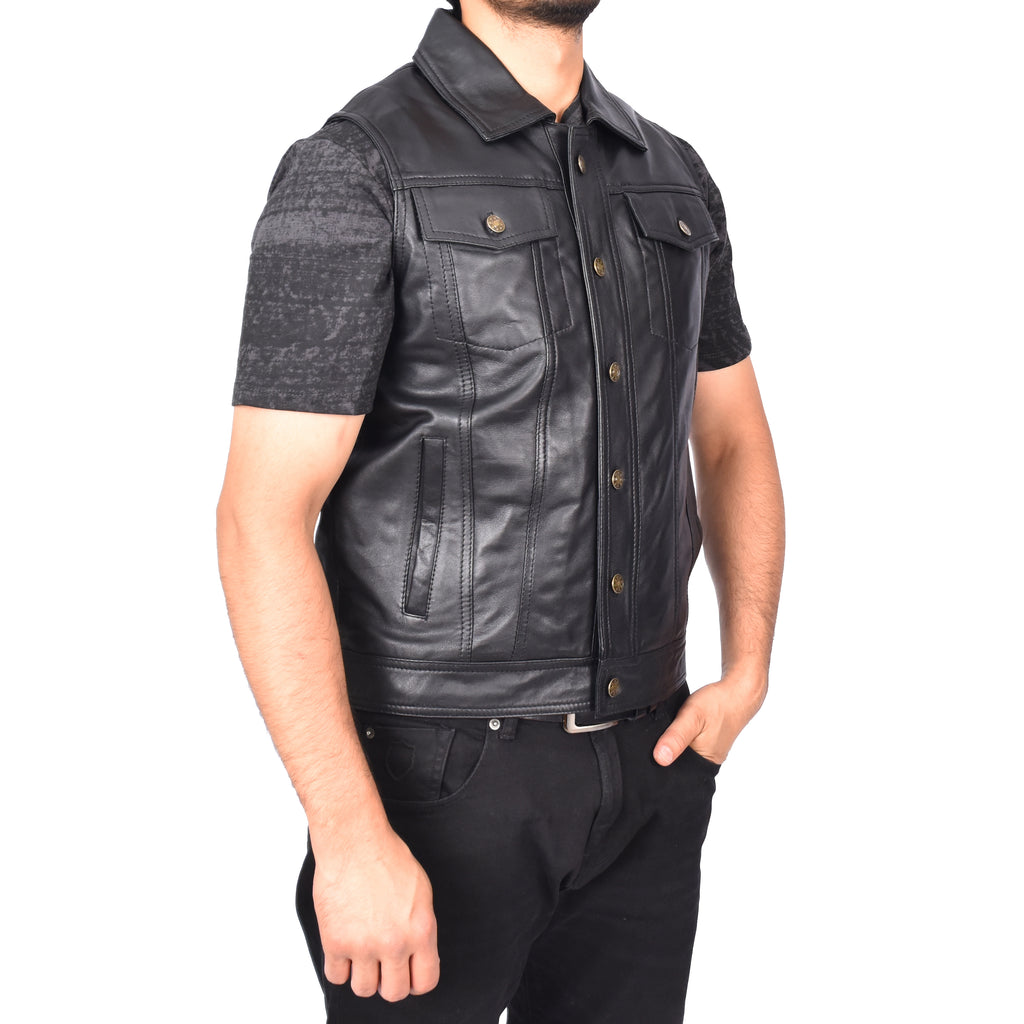 Mens Waistcoat Classic Trucker Style Real Leather Sleeveless Vest Johan Black 5