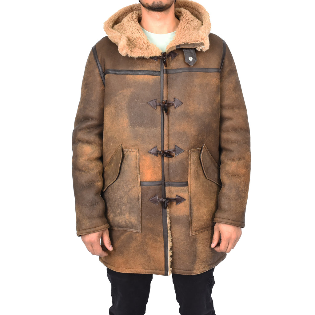 Mens Winter Antique Sheepskin Duffle Coat ¾ Length Shearling Duncan Brown 5