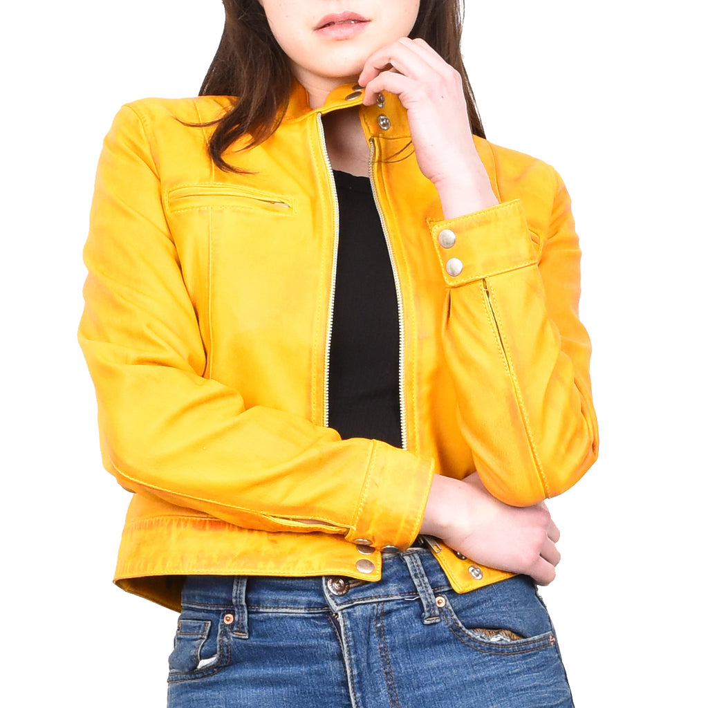 Women's Real Leather Biker Jacket Band Collar Short Slim Fit Trine Yellow 5