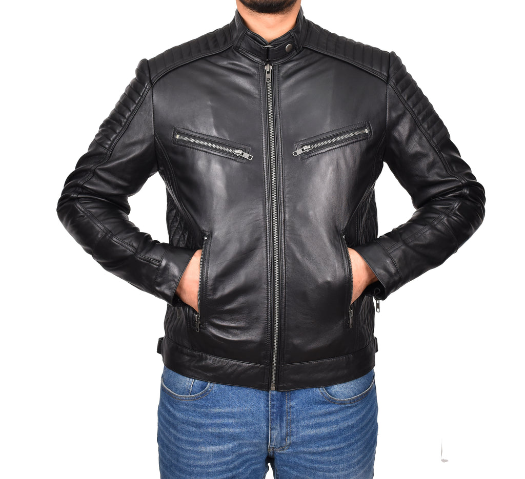 DR101 Men's Leather Cafe Racer Biker Jacket Black 5