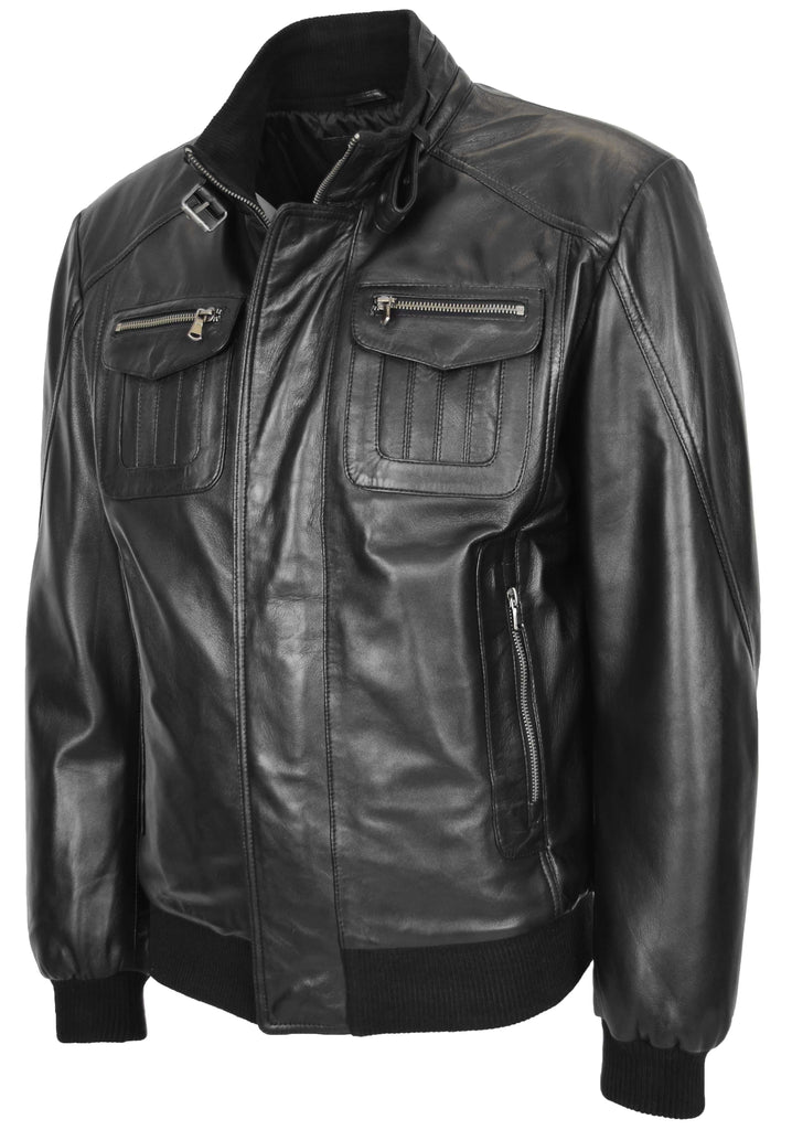 DR110 Men's Bomber Style Leather Jacket Black 6