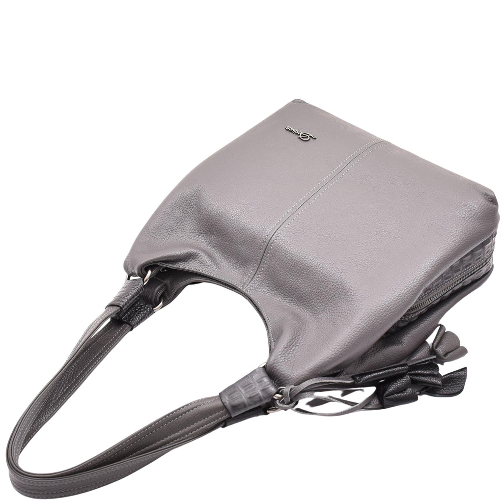 DR583 Women's Large Leather Hobo Bag With Zip Opening Grey 5