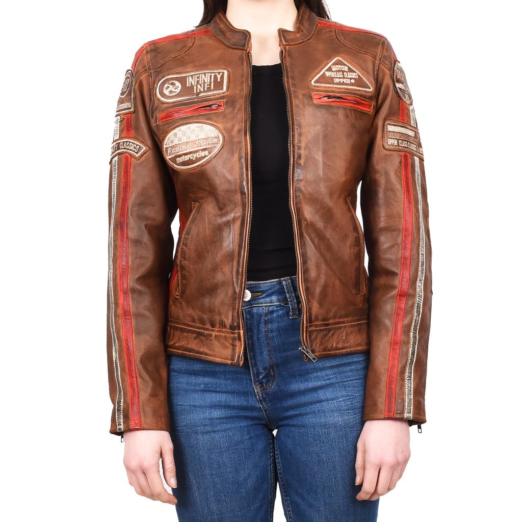 Women's Genuine Leather Biker Racing Badges Jacket Café Racer Tan Rayne 5