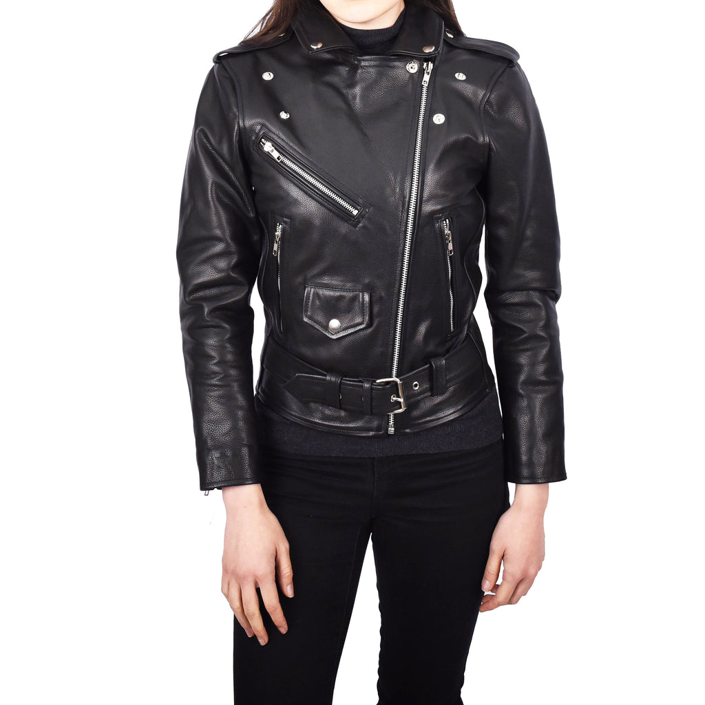 Women's Real Leather Black Biker Jacket Brando Style Sabine 5