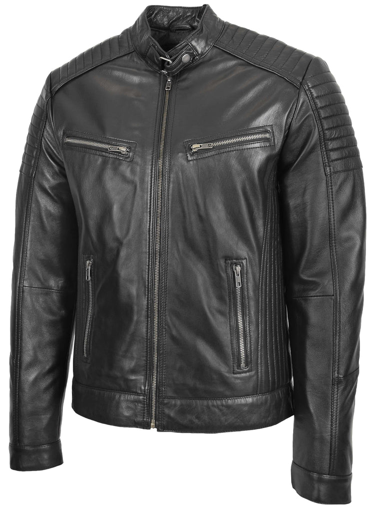 DR101 Men's Leather Cafe Racer Biker Jacket Black 2