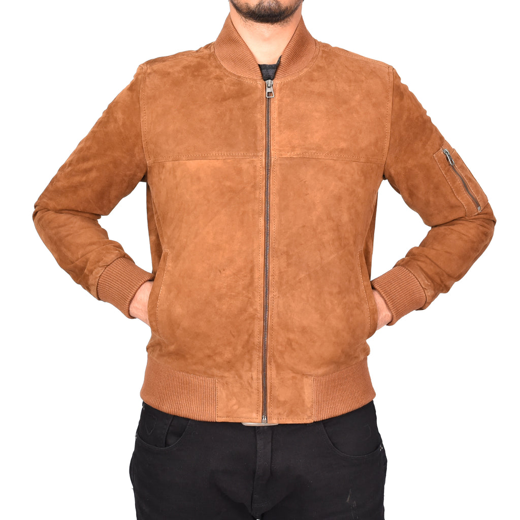 Mens Genuine Goat Suede MA-1 Bomber Jacket Varsity Style Thorin Tan 5