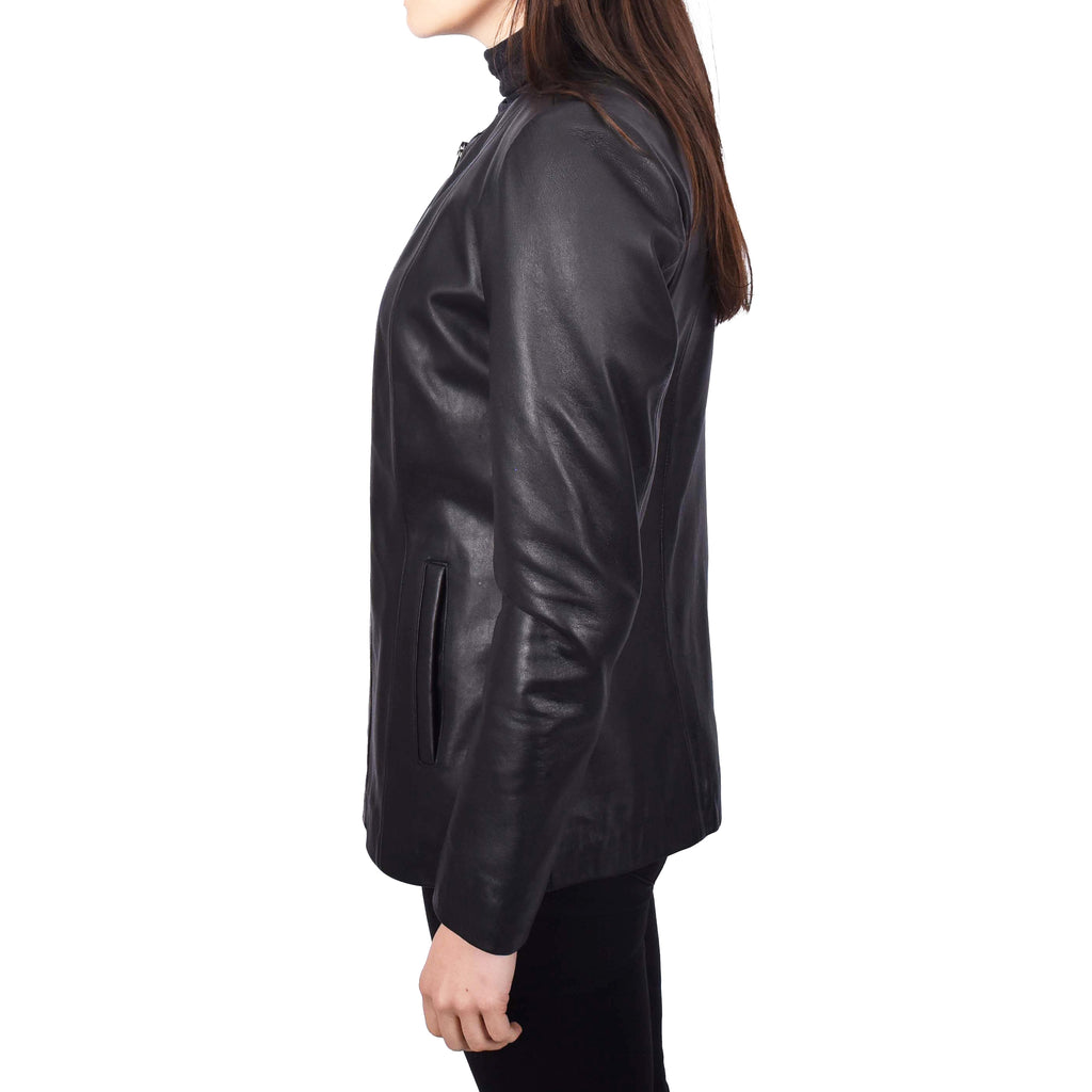 Women's Collarless Biker Real Leather Jacket Black Eclipse 5