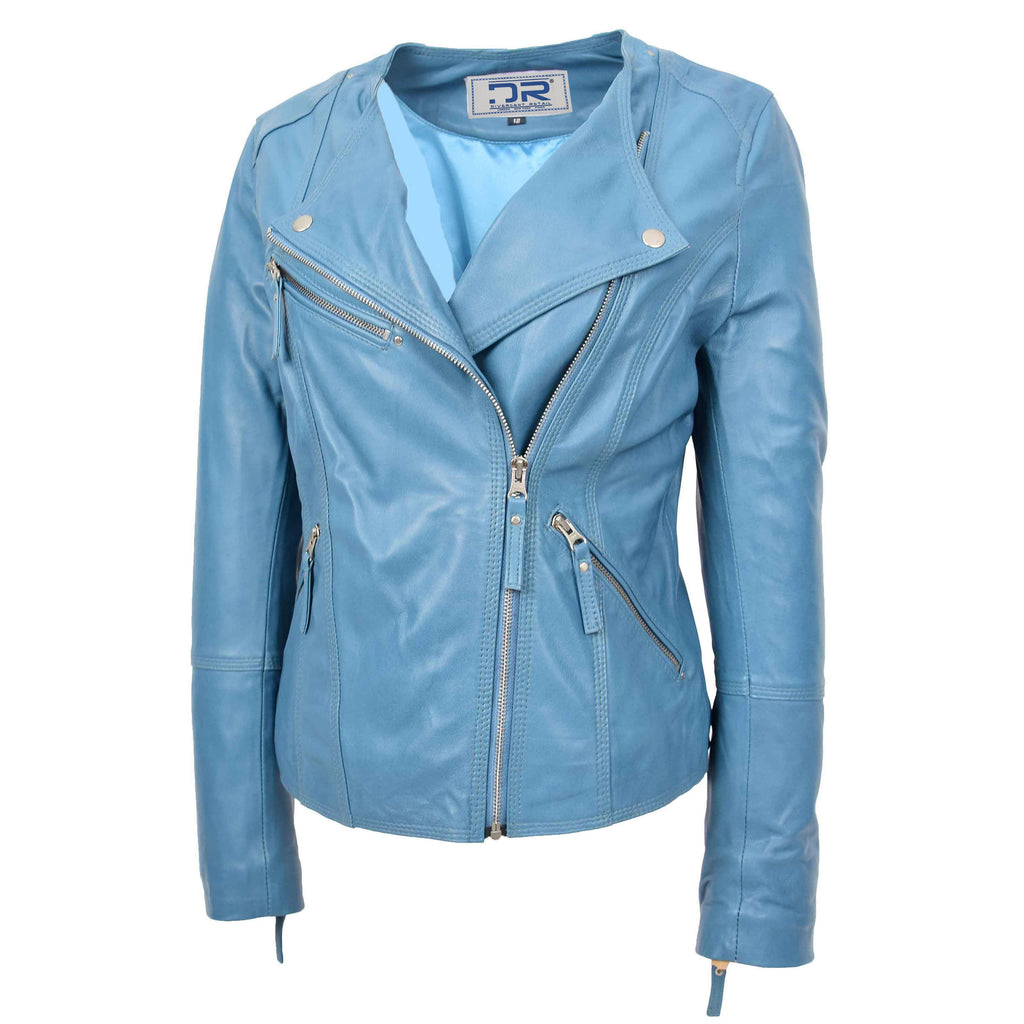 DR572 Women's Casual Cross Zip Leather Jacket Teal 5