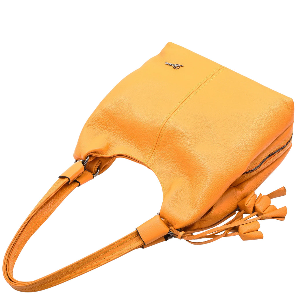 DR583 Women's Large Leather Hobo Bag With Zip Opening Yellow 5