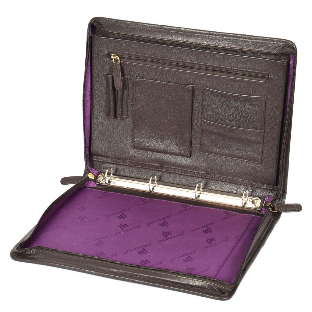 DR604 Leather Zip-Around Portfolio With Removable Metal Ring Binder Brown 5