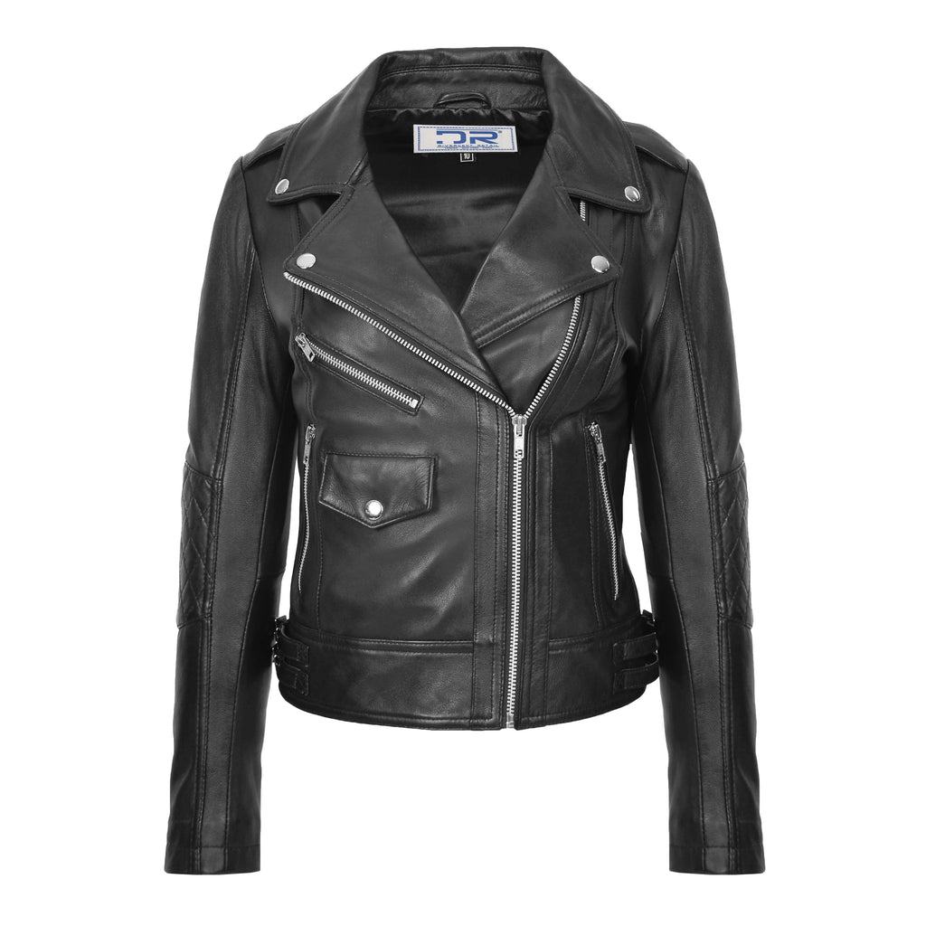 DR207 Women's Real Leather Biker Cross Zip Jacket Black  1