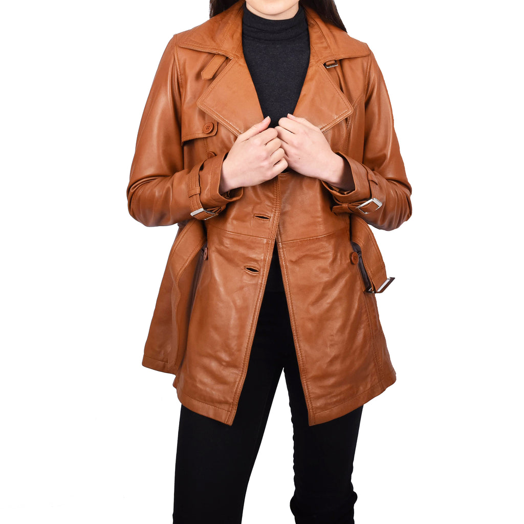 Women's Real Leather Buttoned Coat With Belt Tan GlamTrench 5