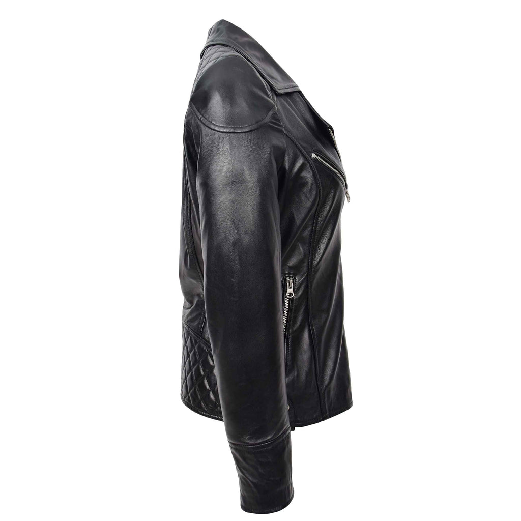 DR570 Women's Cross Zip Pocketed Real Leather Biker Jacket Black 5