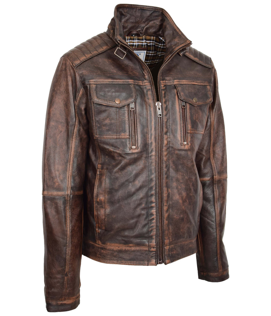 DR560 Men's Urban Biker Style Leather Jacket Brown 5