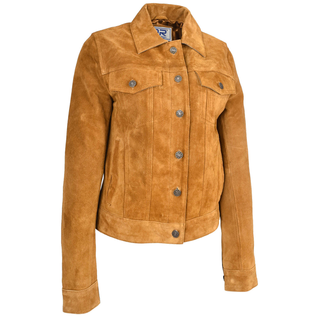 Women's Retro Denim Style Real Suede Jacket Tan Trucka 5
