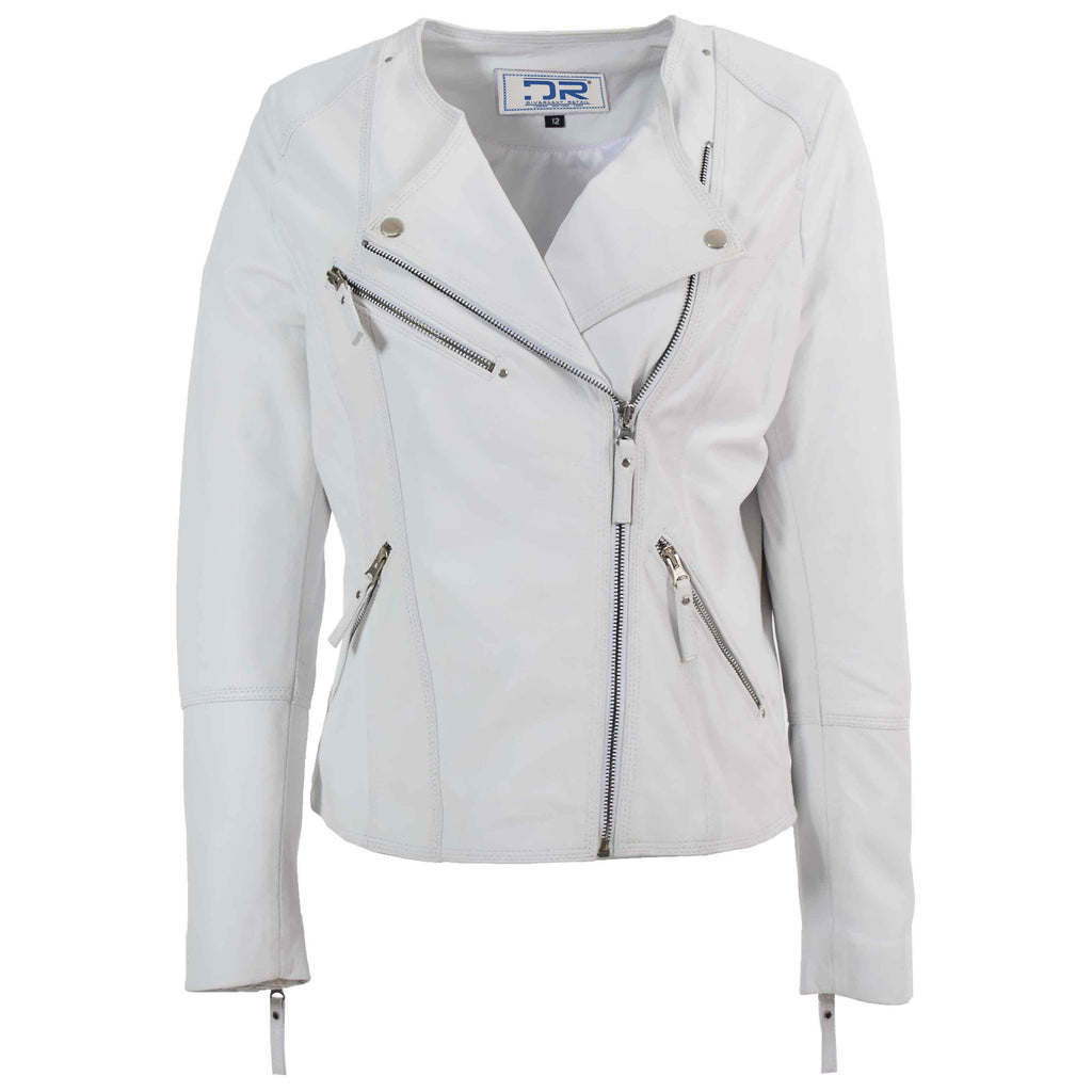 DR572 Women's Casual Cross Zip Leather Jacket Off White 5