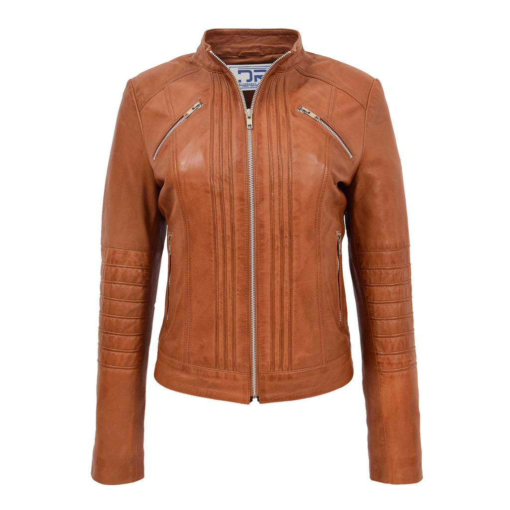 DR222 Women's Casual Biker Leather Jacket Tan 1