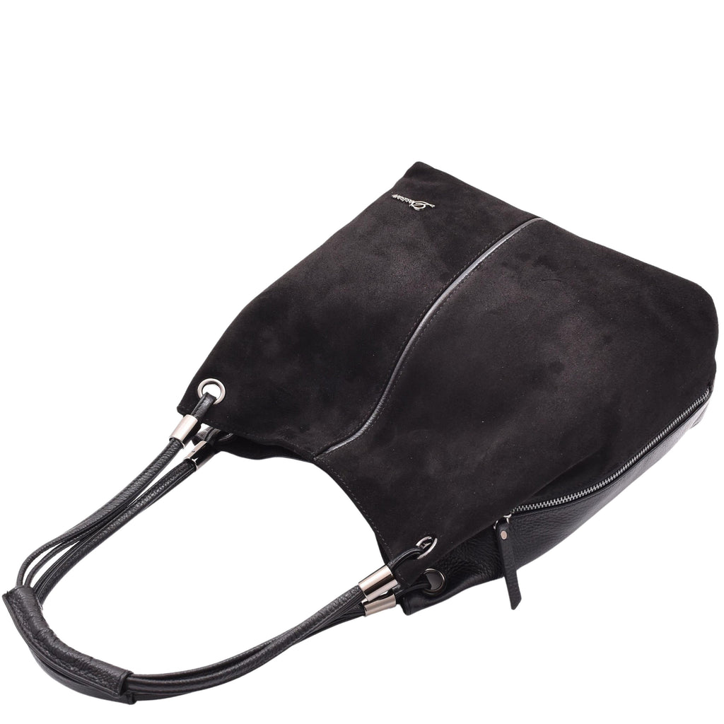 DR593 Women's Suede Leather Large Shoulder Bag Zip Hobo Black 5