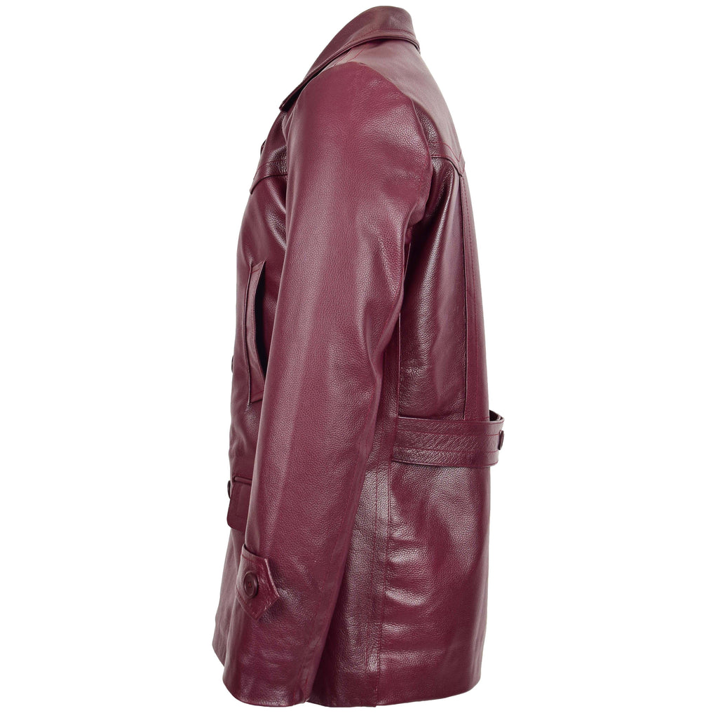 DR103 Men’s Trench Leather Fitted Reefer Military Overcoat Burgundy 5