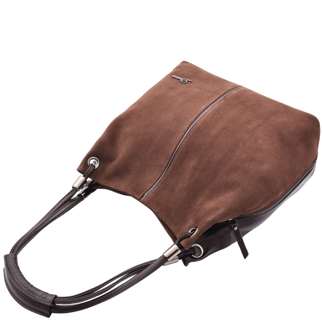 DR593 Women's Suede Leather Large Shoulder Bag Zip Hobo Brown 5