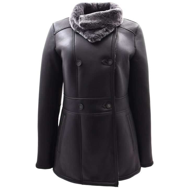 DR596 Women's Soft Sheepskin Double Breasted Fur Collar Coat Black 1
