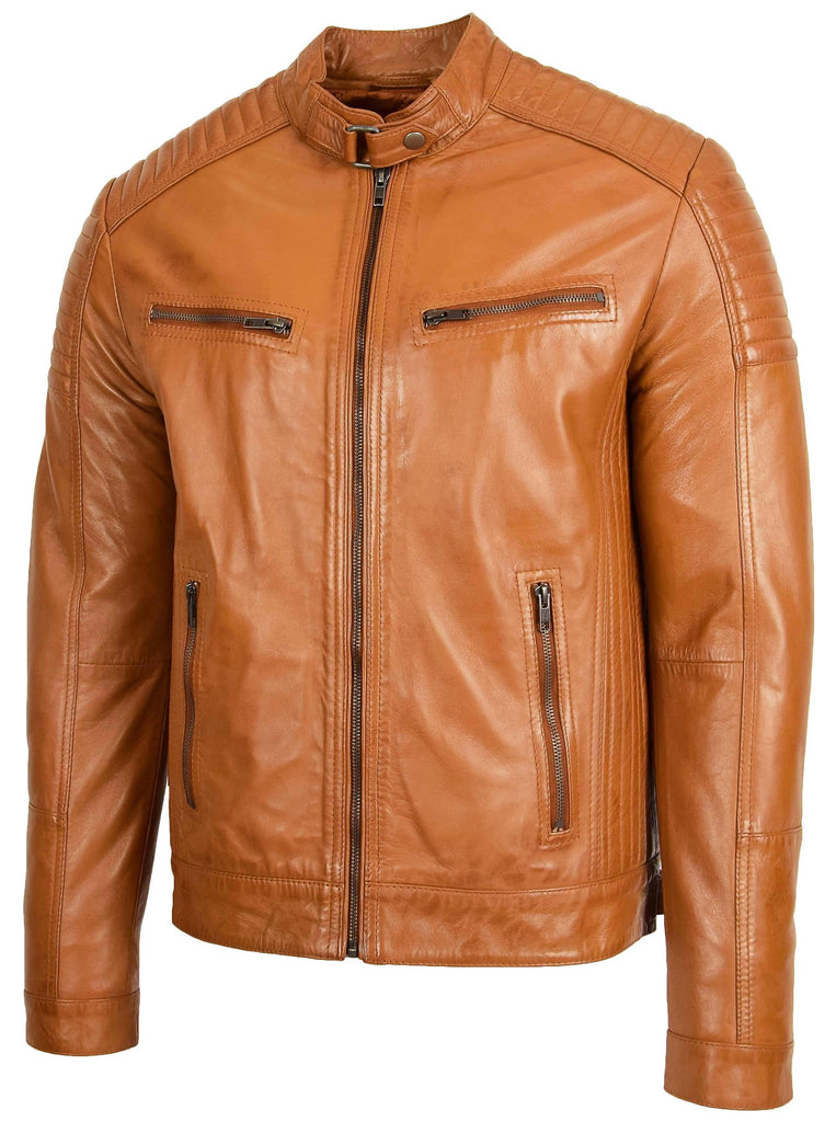 DR101 Men's Leather Cafe Racer Biker Jacket Tan 4