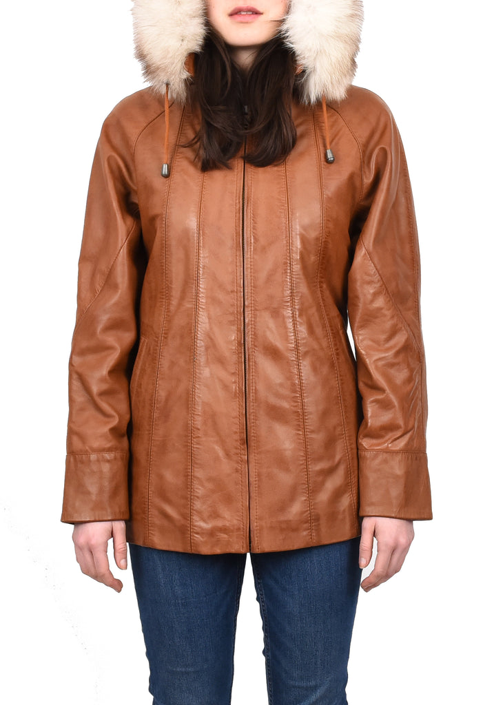 Women's Real Leather Coat with Fur Hood Winter Tan Chicora 5