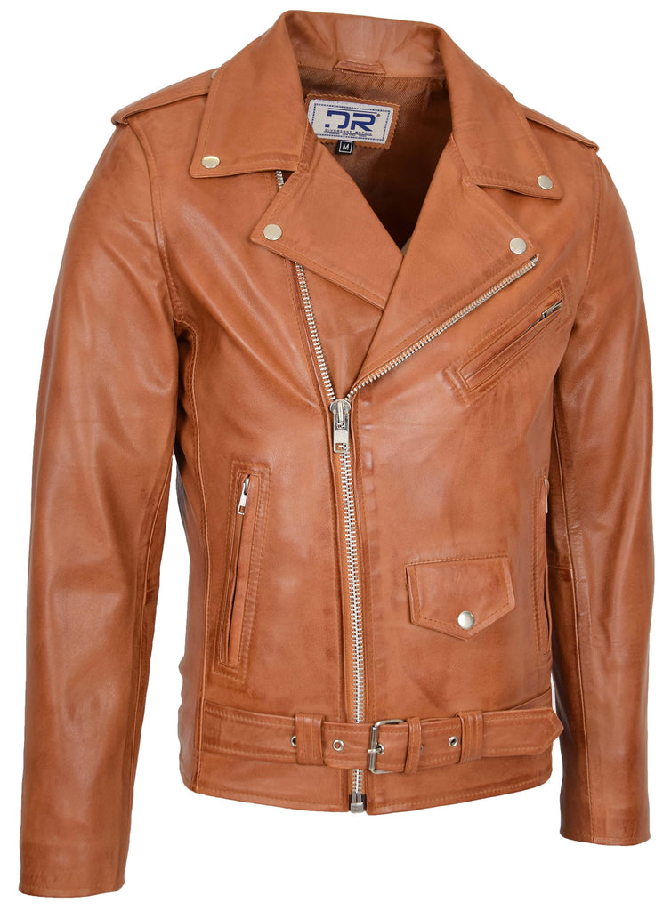 DR100 Men's Biker Real Leather Jacket Tan 4