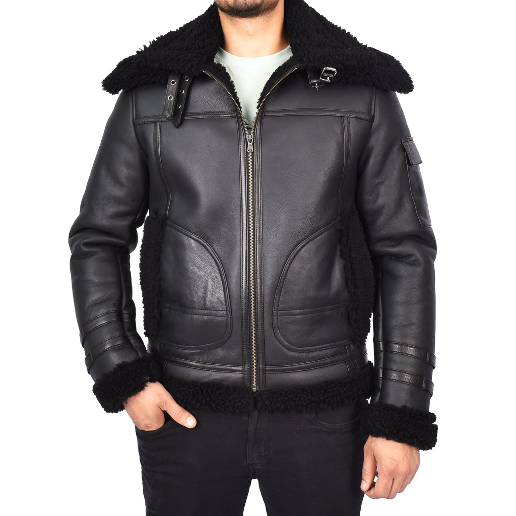 Mens Retro Biker Real Sheepskin Jacket Motorcycle Style Magnus Black 5