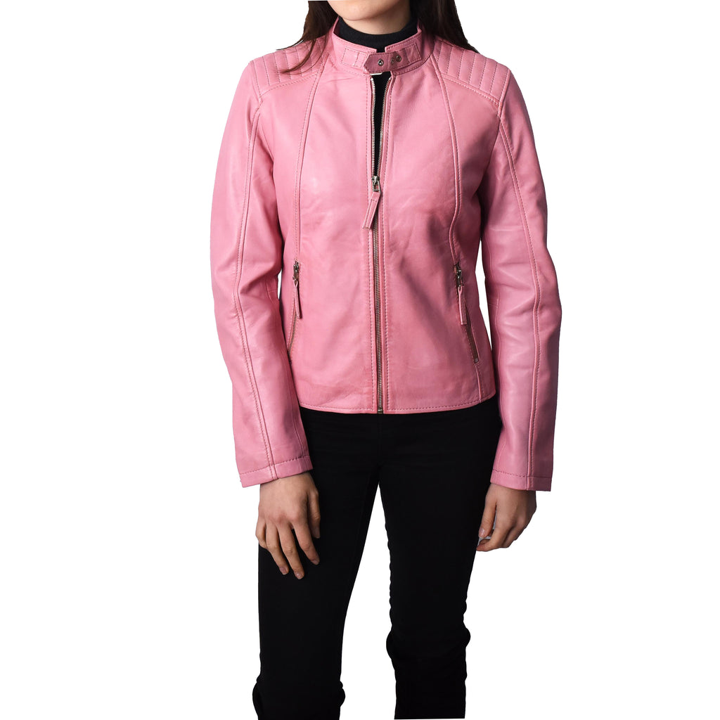 Women's Real Leather Classic Biker Jacket Pink Bikera 5