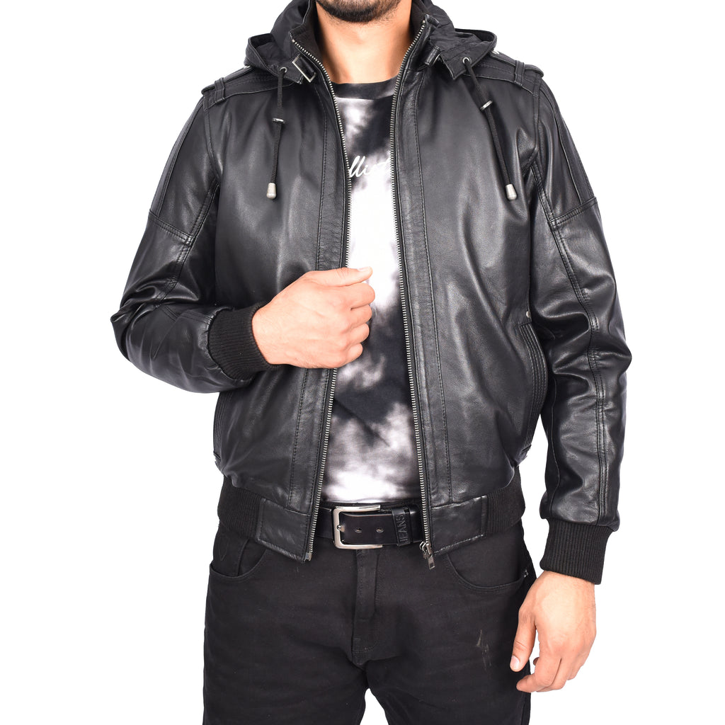 Men's Soft Sheep Nappa Leather Bomber Jacket Removable Hood Kent Black 5