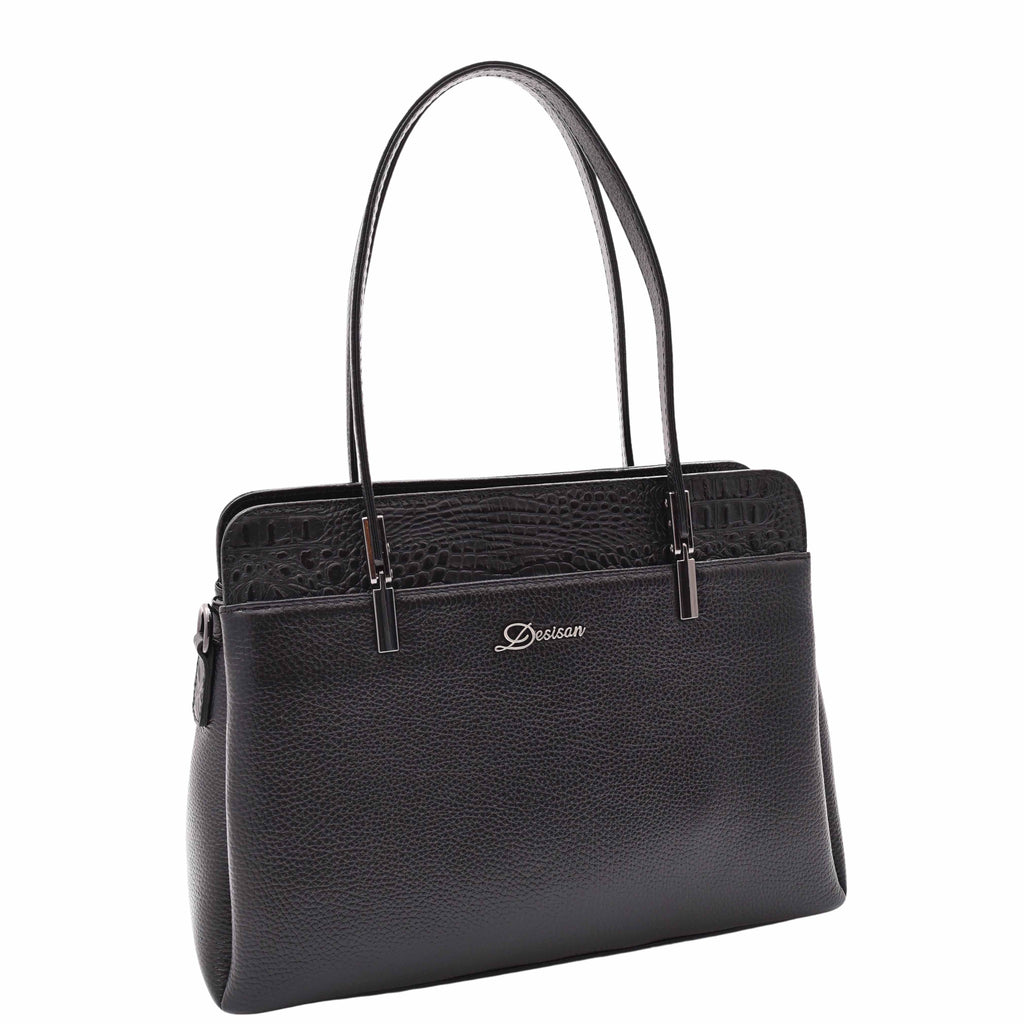 DR589 Women's Leather Medium Size Tote Zip Shoulder Bag Black 5