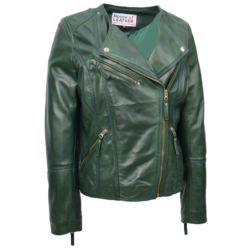 DR572 Women's Casual Cross Zip Leather Jacket Green 5