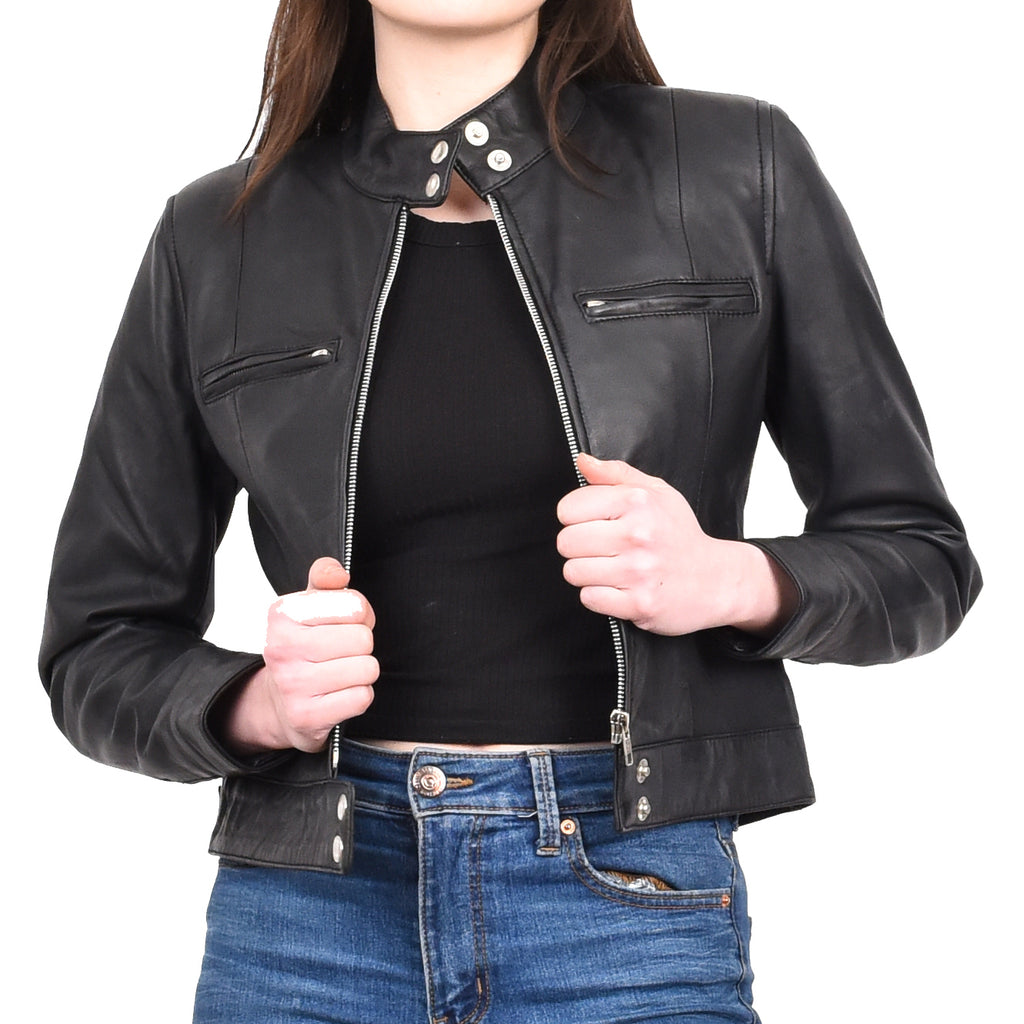 Women's Real Leather Biker Jacket Band Collar Short Slim Fit Trine Black 5