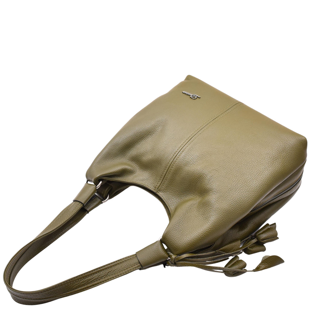 DR583 Women's Large Leather Hobo Bag With Zip Opening Olive 5
