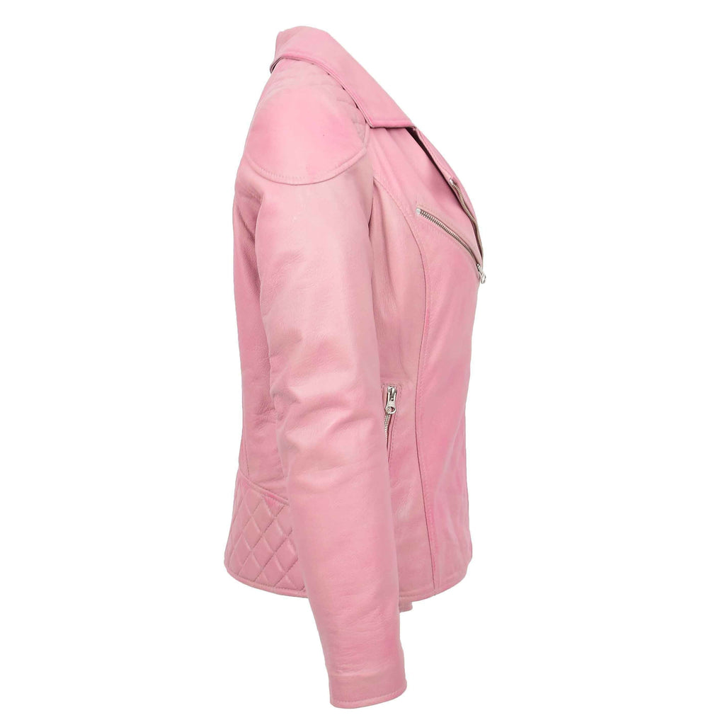 DR570 Women's Cross Zip Pocketed Real Leather Biker Jacket Pink 5
