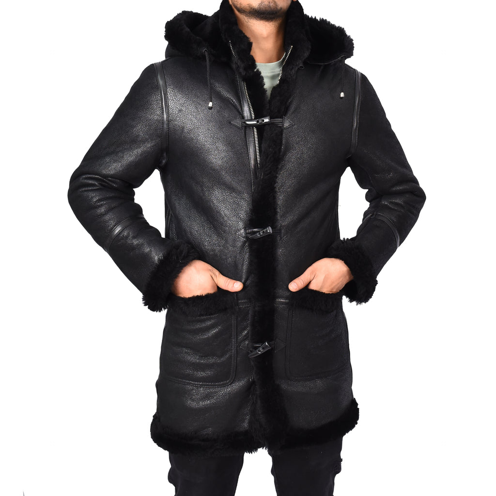 Mens Winter Sheepskin Hooded Duffel Coat ¾ Length Shearling Ronald Black 6