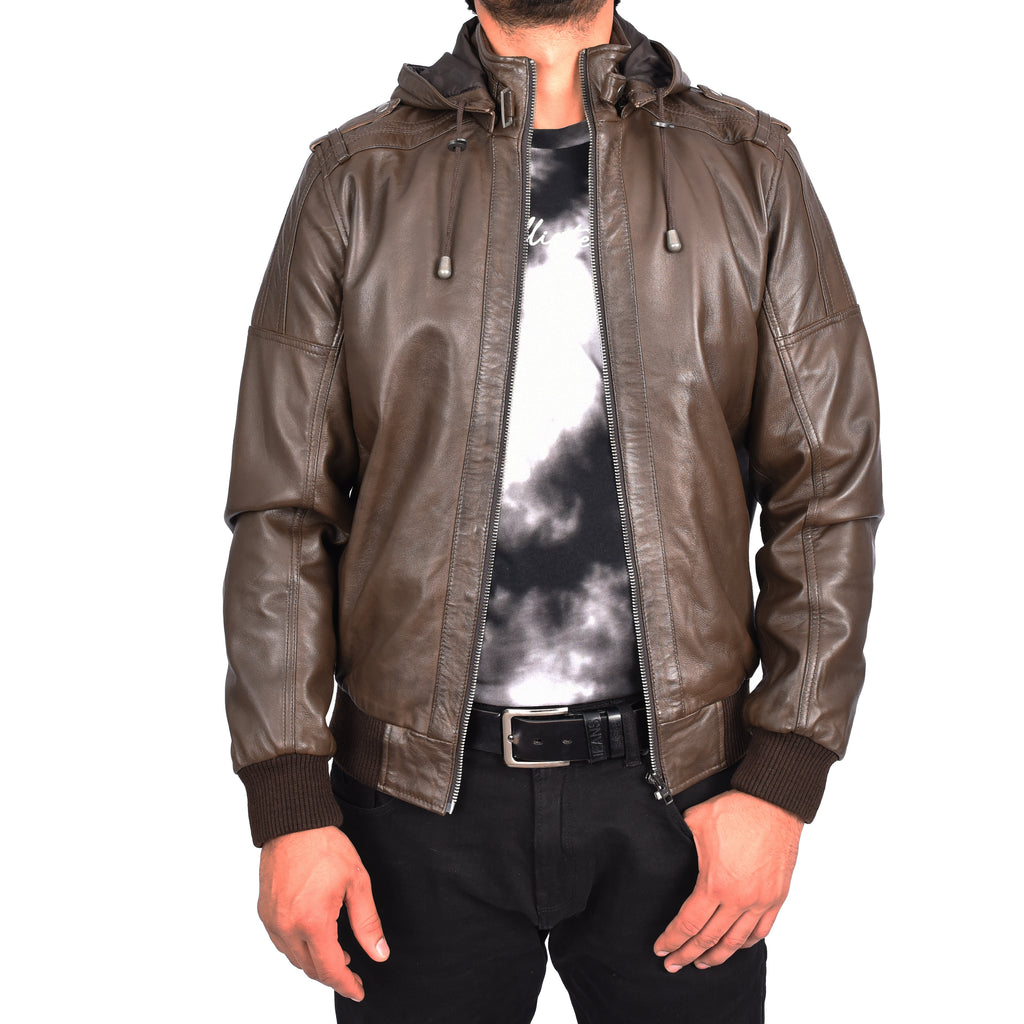 Men's Soft Sheep Nappa Leather Bomber Jacket Removable Hood Kent Brown 6